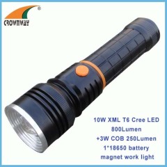 COB high power magnet working light 18650 Lithium rechargeable flashlight stretched COB and 10W Cree LED torch