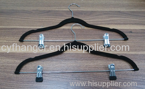 45CM Black flocked with metal clips pants hanger non-slip