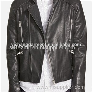 Mens Black Leather Collarless Biker Jacket