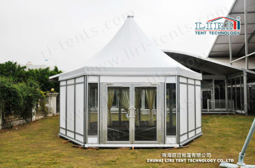 polygon top tent with glass walls and doors