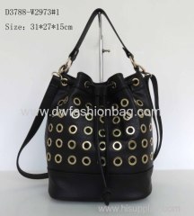 Black PU handbag Fashion drawstring bag Eyelet in front