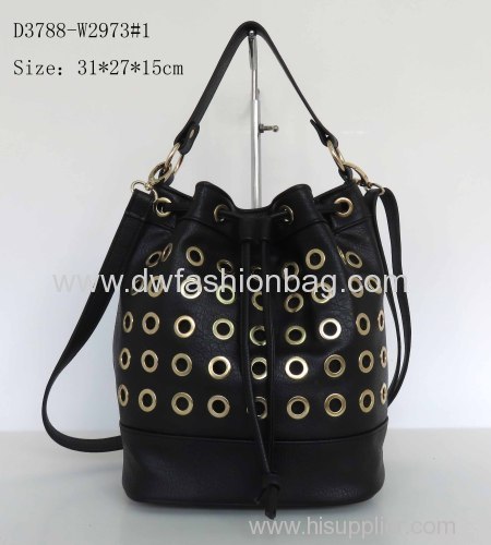 PU black handbag Eyelet in front Fashion drawstring bag