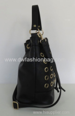 Black PU handbag Fashion drawstring bag Eyelet in front
