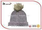 Two Color Ribbed Mohair Acrylic Womens Knitted Beanie Hats With Faux Fur Pom