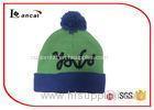 Green And Blue Cuffed Knit Beanie Sewing Knit Hat With Ball On Top