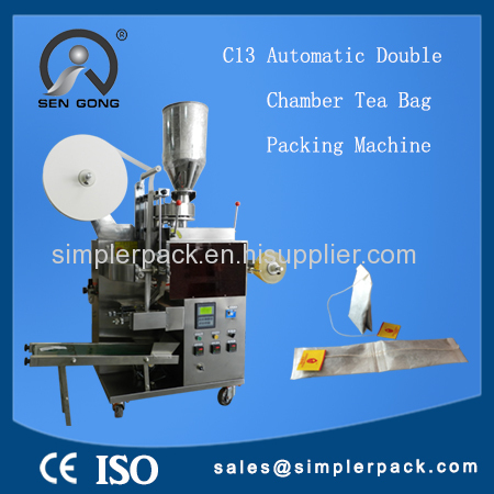 PLC Control Automatic Tea Packaging Machine Dual Bags with Thread & Tag Dual Sachets Duplicate Packaging Machine