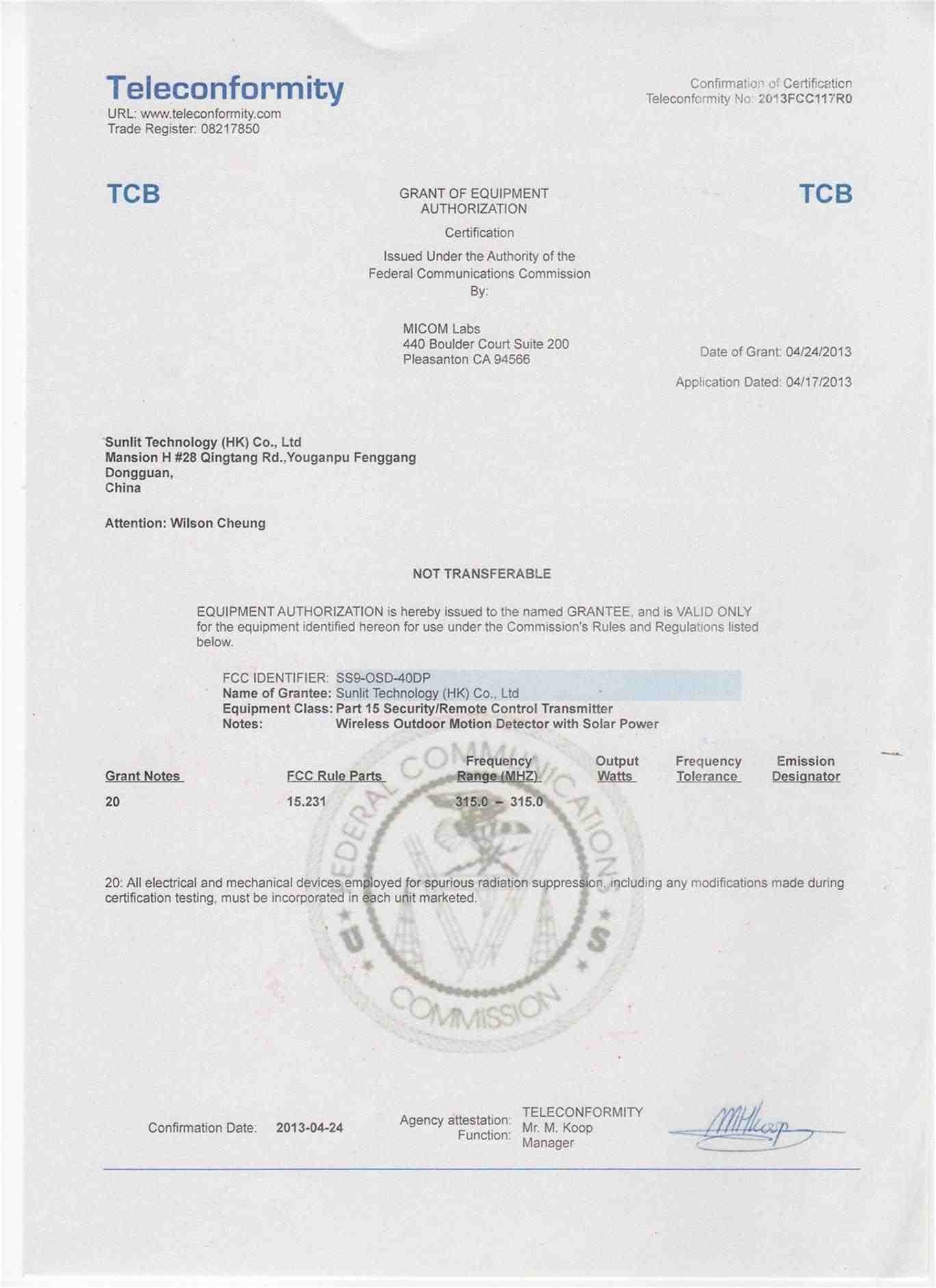 OSD-40DP FCC Certificates