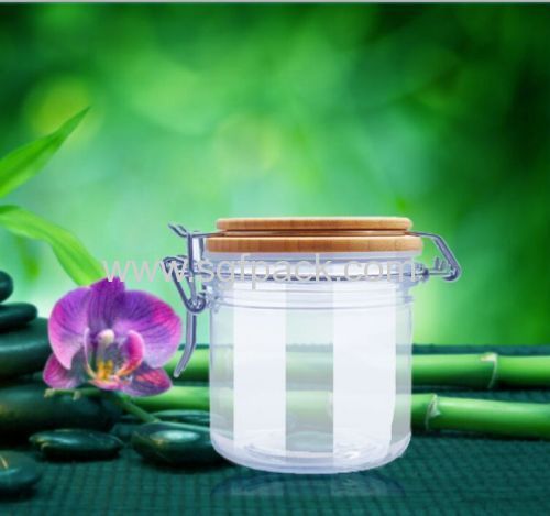 PET PLASTIC BAMBOO FOOD CONTAINER WOODEN KILNER JAR SEAL POT AIRTIGHT CANISTER COSMETIC PACKAGING WITH WOODEN CAP