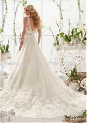 Tulle V-neck Neckline A-line Wedding Dresses with Beaded Lace Appliques