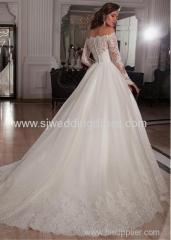 Tulle Off-the-Shoulder Neckline Ball Gown Wedding Dresses with Lace Appliques