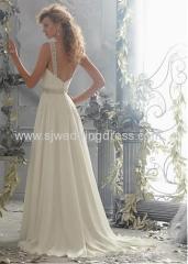 Chiffon Spaghetti Straps Neckline Natural Waistline A-line Wedding Dress With Beadings