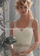 Chiffon Spaghetti Straps Neckline Natural Waistline A-line Wedding Dress With Beadings