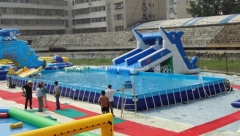 Steel frame swimming pool with strainer