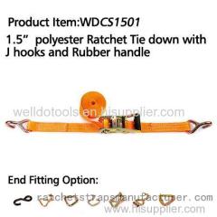 1.5 polyester Ratchet Tie down with J hooks and rubber handle