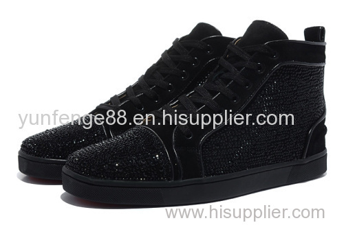 Size 36-46 Men and Women Black Suede With Rhinestone High Top Red Bottom Sneakers Unisex Luxury Brand Casual Shoes