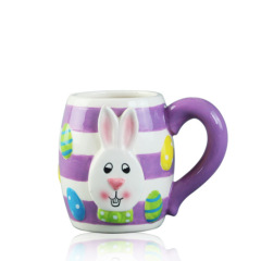 3D rabbit print ceramic water cup with big handle purple and green color