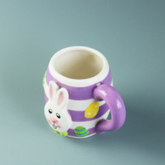 3D rabbit print ceramic water cup with big handle purple and green color