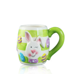 3D rabbit print ceramic water cup with big handle purple and green color