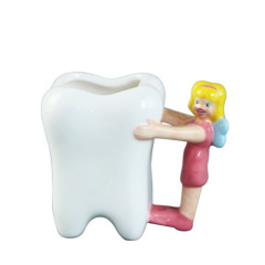 Tooth shaped ceramic Porcelain mug with 3d girl and boy handle
