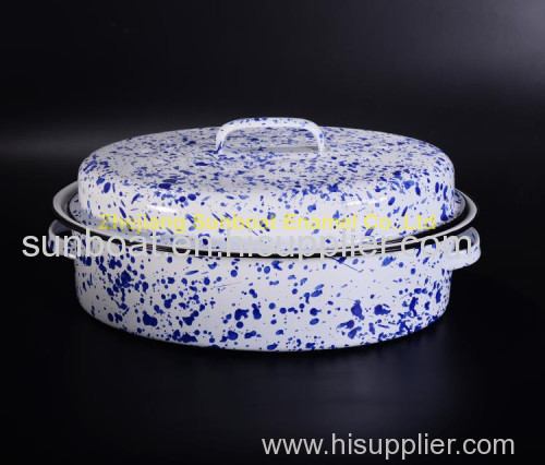 mid-size white+blue cast iron kitchen cookware enamel roaster pan