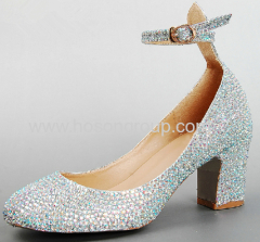 Pretty rhinestone round toe chunky heel wedding shoes