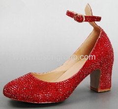 Pretty rhinestone round toe chunky heel wedding shoes