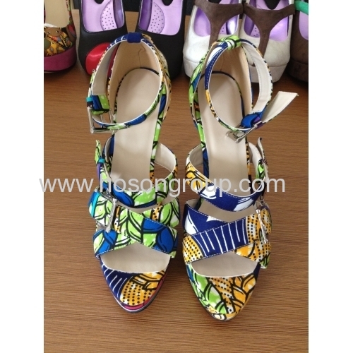 New style buckle African printed fabric high heel sandals