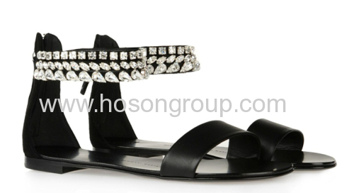 Black ankle strap flat sandals with rhinestone