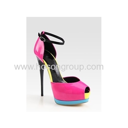 Pink PU leather ankle srtap high heel sandals