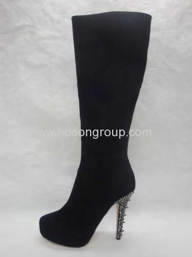 Black round toe suede boots with rhinestone