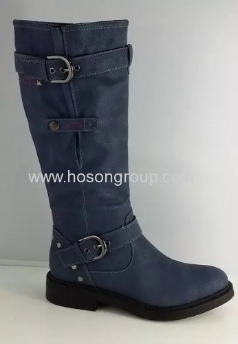 Blue chunky heel buckle strap boots