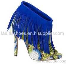 printed snack pattern fashion high heel women ankle boots with blue tassels