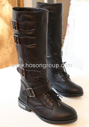 Black buckle strap lace up knee heel boots