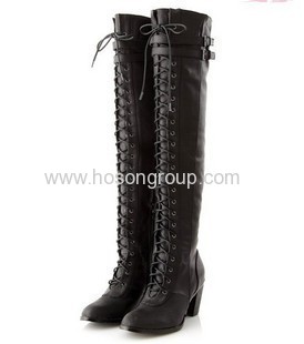 Fashion chunky heel lace up thigh heel boots