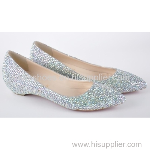beautiful fashion ladies white color pointy toe flat women dress shoes covered with rhinestone