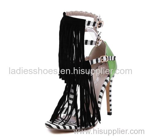 customed design T-strap ladies buckle high heel shoes with tassels