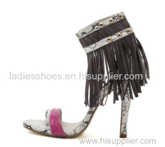 new style ladies fashion high heel snake pattern dress sandals with tassels