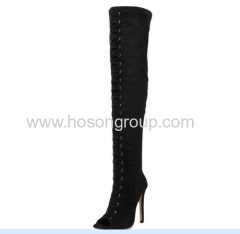 Ladies thigh heel lace up boots