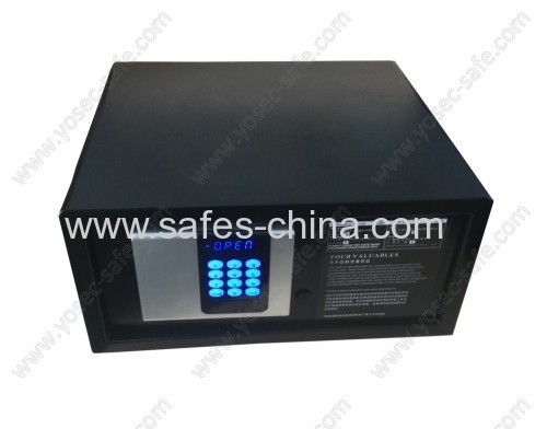 Electronic in-room safe box with motorized locking system and backlit panel for hotel bedroom