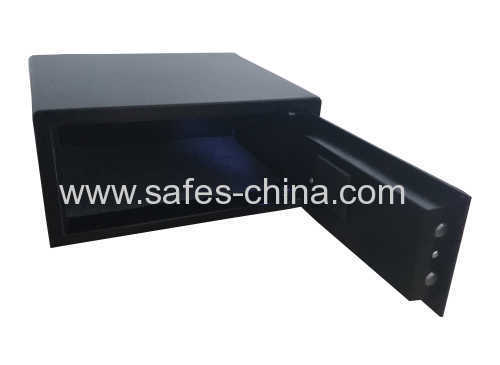 Electronic in-room safe box with motorized locking system and backlit panel for hotel bedroom