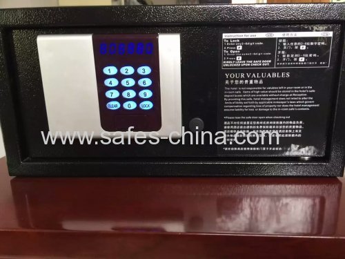Electronic in-room safe box with motorized locking system and backlit panel for hotel bedroom