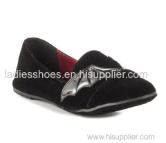 Black color PU suede pull on comfortable flat women dress shoe