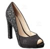 Square heel black shining paillette women dress shoe