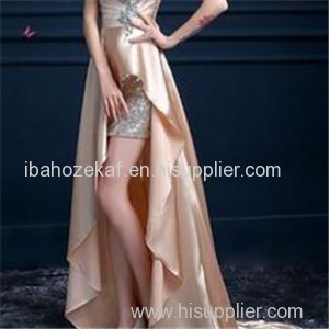 Flattering Wrap Long Draggle-tail Prom Dress With A Slinky Silver Glitter Inner Shorter Dress