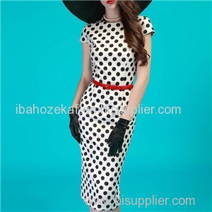 Sexy Round Neck Classic Black Polka Print Slim Fit Dress