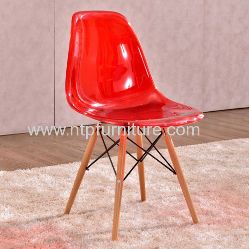 clear plastic Eames DSR chair with wood base