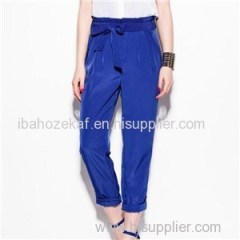 Bright Blue Satin High Decorated Waist With Self-fabric Belt Knot Charming Pants