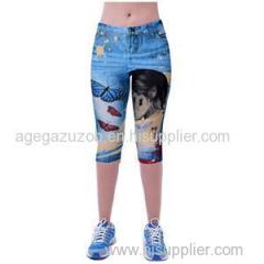 Butterfly Girl Printing Faux Denim Capri