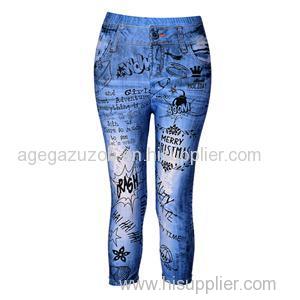 Letter Print Faux Denim Capris