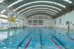 Swimming pool construction with steel space frame structure